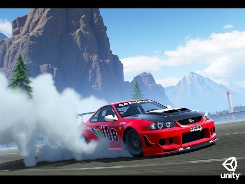 Drift Hunters Unity gameplay screenshot showing a car drifting on a neon-lit city track