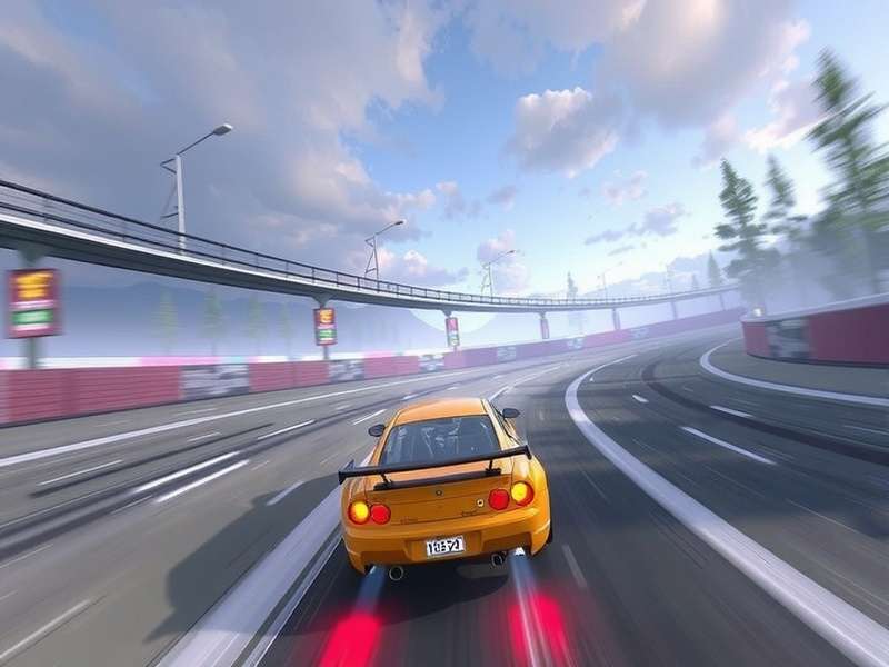 Drifting Lands gameplay screenshot showing high-speed car drifting through neon cityscape