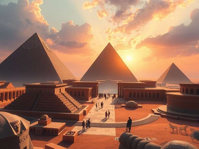 Panoramic view of the Egypt zone in Drifting Lands showing pyramids, dunes, and a player hoverbike