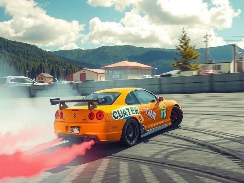 Close-up of a high-performance car drifting on a mountain road in Drifting Lands