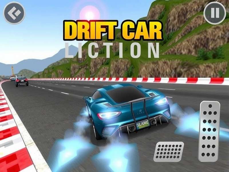 Drifting Lands RPG gameplay screenshot showing a custom car drifting on a neon-lit city track