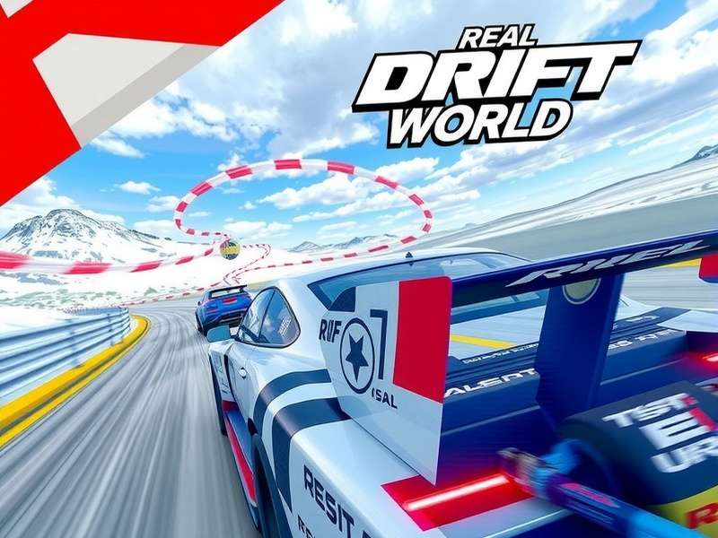 Real Drift World gameplay screenshot featuring a custom car drifting on a neon city track